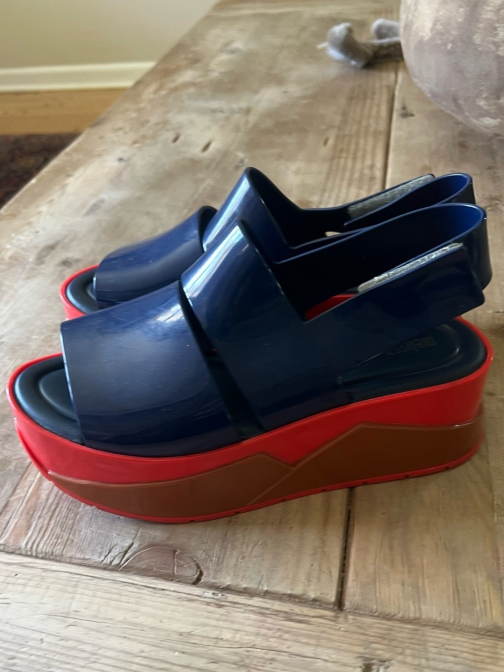 Melissa Navy Platform Slingback Sandals with Red & Brown Accent